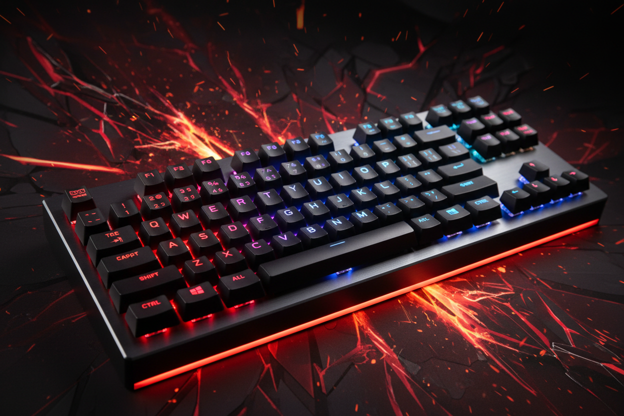 generate a keyboard with agressive background without any logo in it 