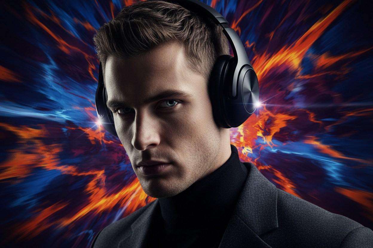 generate me a male model wearing headphones with aggresive backgrounds and closer look