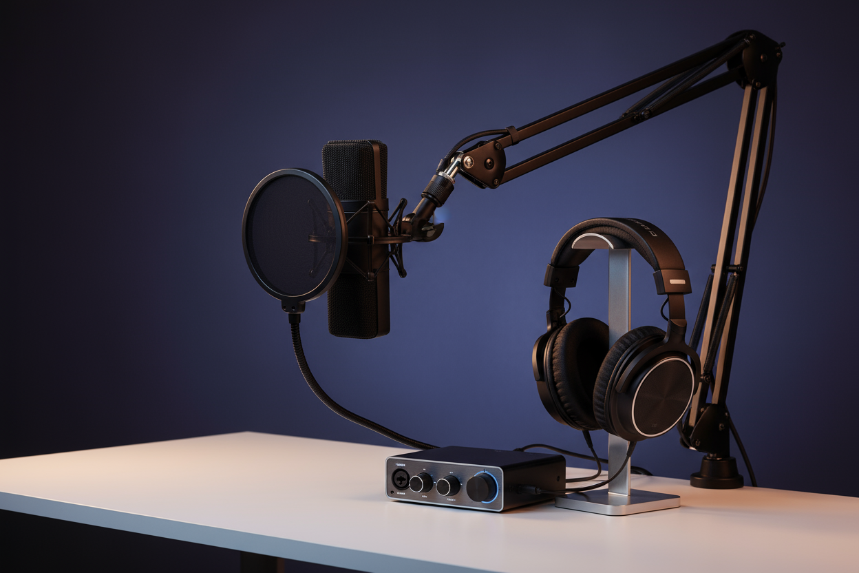 generate me the best possible picture for my collection of podcast and recording equipments for my e commerce stor