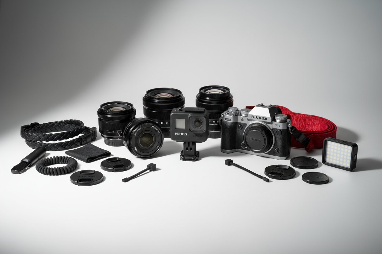 generate me the best possible picture for my collection of portable cameras like go pro small camera optical glasses equipments for my e commerce store